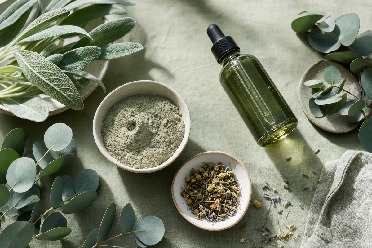 Natural green wellness ingredients flatlay